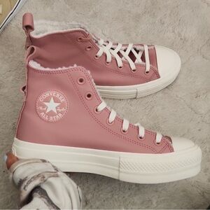 Converse Pink Leather Platform High Top Sneakers  with Sherpa Lining Size 6.5